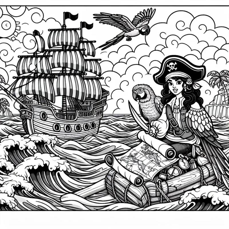 Sur l'océan, un bateau pirate navigue sur des vagues géantes. À bord, un fier capitaine pirate et son perroquet coloré sont en train de regarder la carte au trésor plein d'énigmes. C'est une belle journée ensoleillée, les nuages sont en train de jouer dans le ciel bleu. Une île mystérieuse est visible à l'horizon. Pouvez-vous colorer cette scène en détails ?