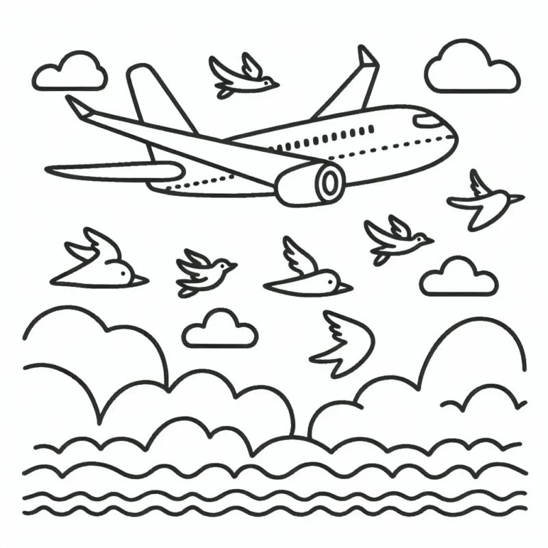 Un avion volant au-dessus des nuages avec des oiseaux migrateurs