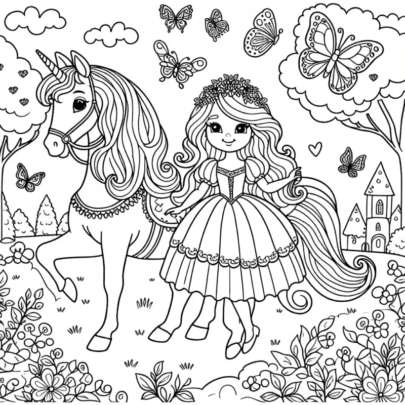 Belle princesse promène son cheval dans un jardin féerique avec des papillons colorés et des oiseaux chanteurs