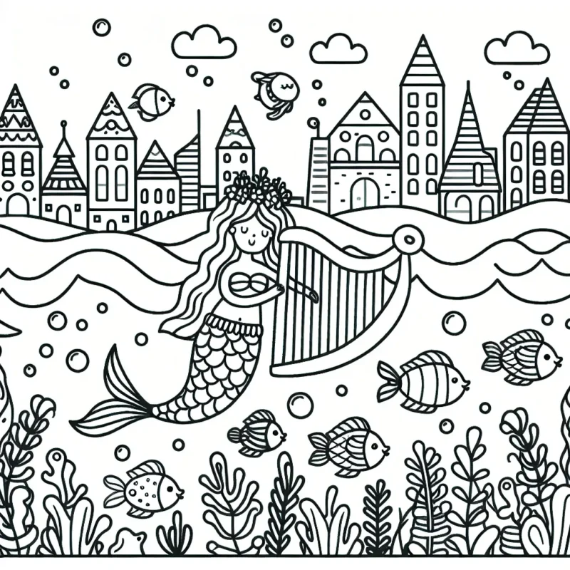Une citée sous-marine avec des poissons colorés et une sirène joyeuse jouant de la harpe