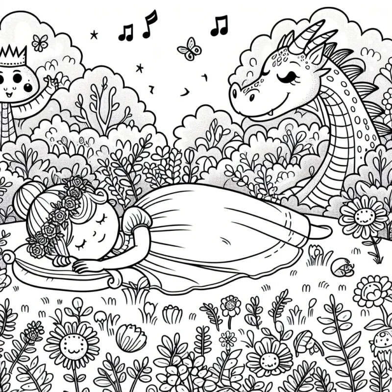 Une princesse endormie dans une forêt fleurie, sous la surveillance de son fidèle dragon vert, entourée de petits animaux de la forêt