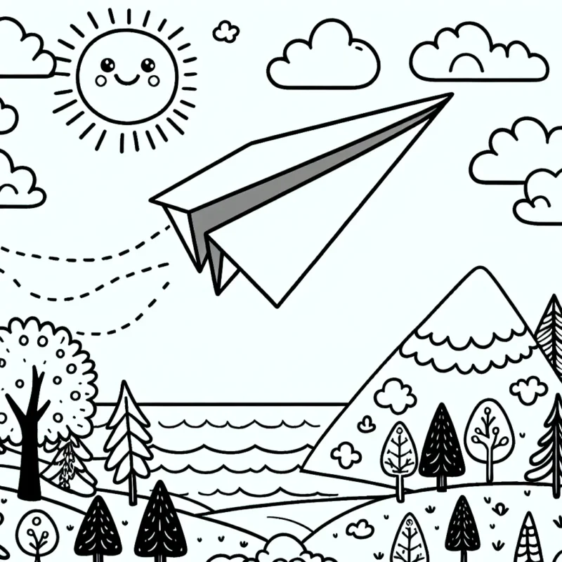 Cet avion en papier vole dans le ciel avec des nuages. Il survole une forêt, un océan et une montagne. Il y a un soleil souriant dans le coin.