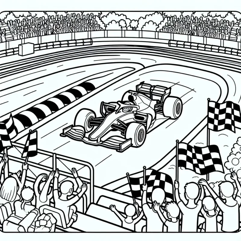 Dessine une scène animée avec une voiture de formule un sur une piste de course avec des fanions et des spectateurs dans les gradins
