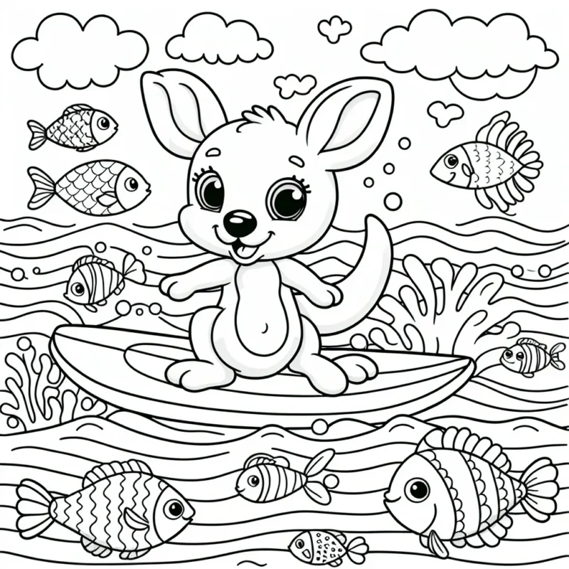 Un kangourou joyeux sur planche à voile au milieu de l'océan entouré de poissons colorés.