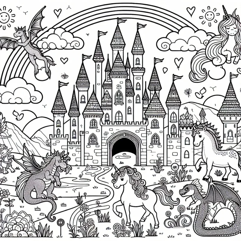 Un château majestueux habité par différentes créatures féeriques comme une licorne, un dragon et des fées qui dansent autour d'un arc-en-ciel.