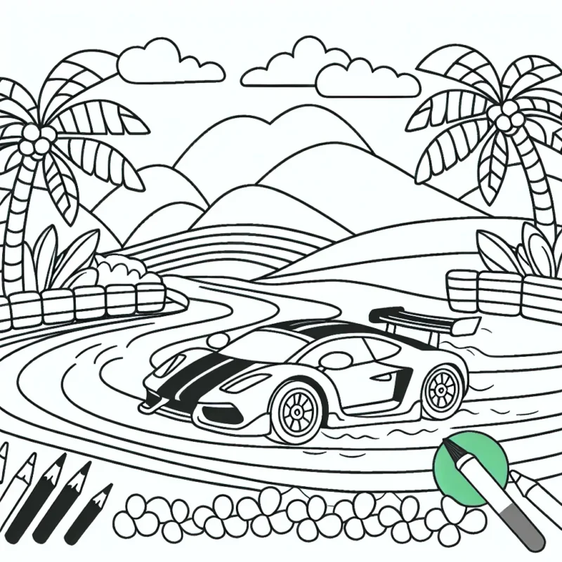Une scène animée représentant une course de voitures sur une piste dynamique avec des palmiers et des montagnes en arrière-plan pour ajouter de la vie à la scène