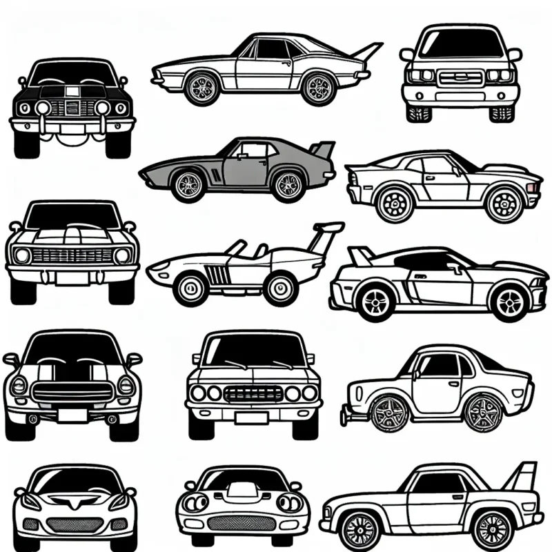 Diverses marques de voitures ont été dessinées uniquement en contours afin de permettre aux enfants de les colorier. On y retrouve des voitures emblématiques de chaque marque.