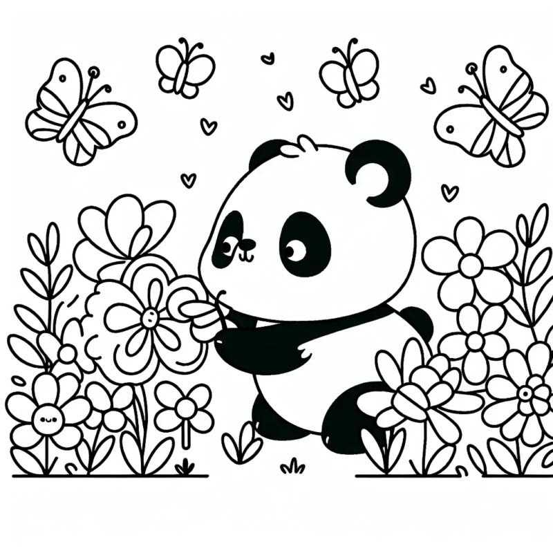 Un petit panda qui joue avec des papillons dans un jardin fleuri