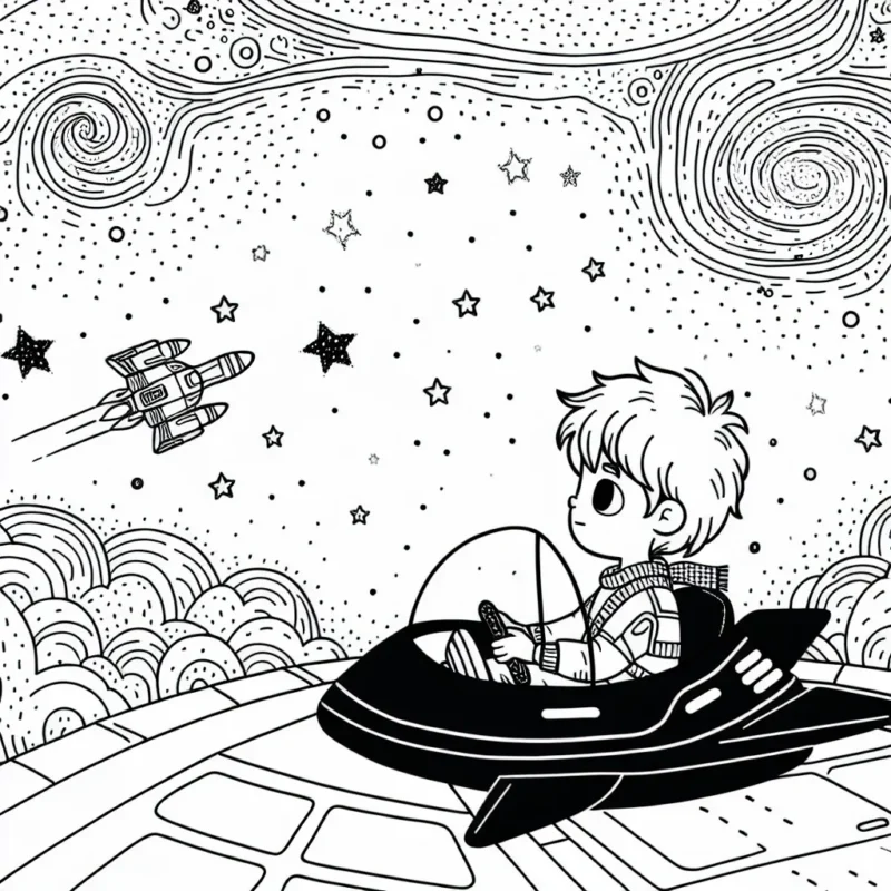 Un enfant pilotant un vaisseau spatial à travers une galaxie lointaine