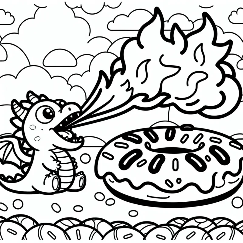 Un vilain dragon crache du feu sur un donut géant dans un monde de confiseries