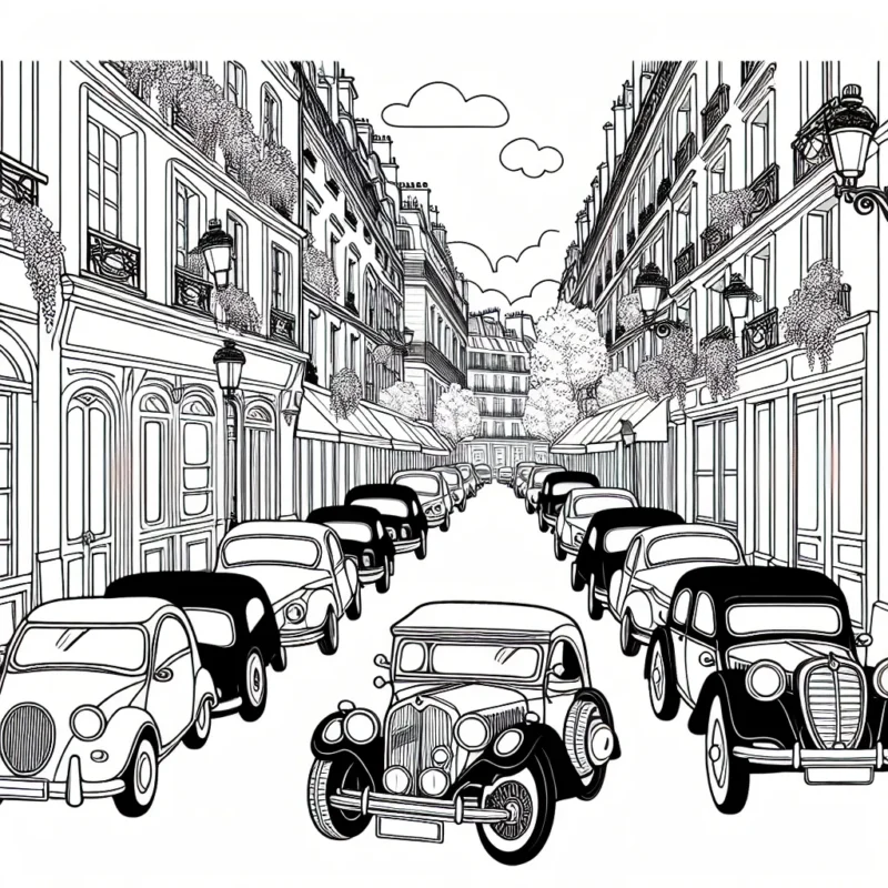 Dessine une ruelle animée à Paris, surprend une collection exceptionnelle de voitures anciennes garées le long de la rue, mélangeant des couleurs vives et des teintes plus douces pour créer une expérience de coloriage riche et variée.