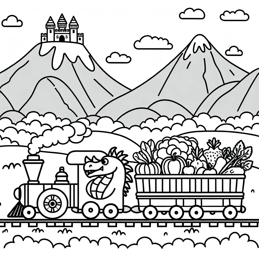 Un dragon ferroviaire à vapeur transportant des fruits et légumes dans un paysage montagneux avec un château perché sur une colline