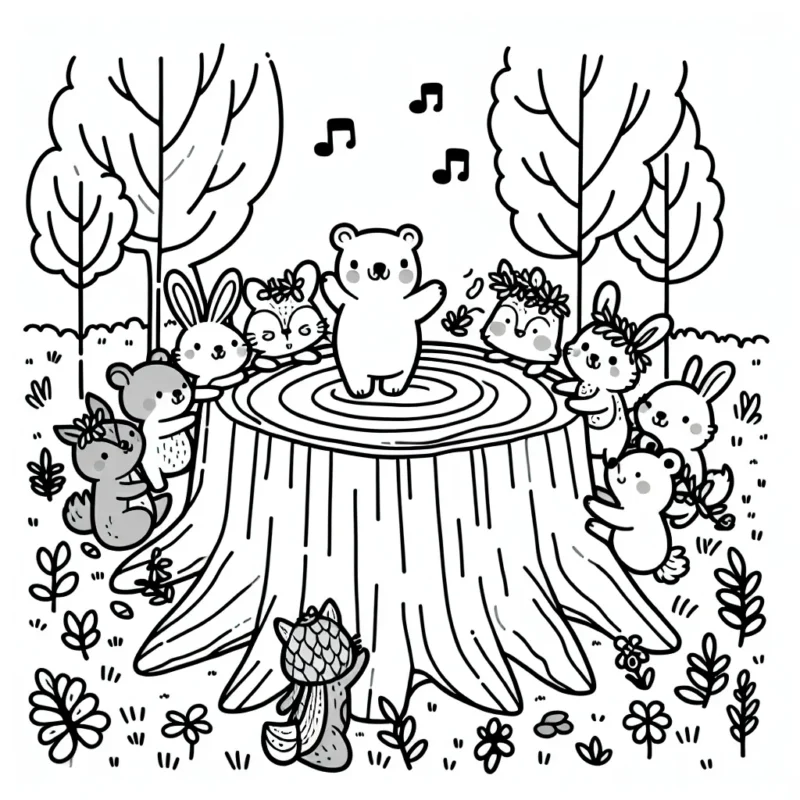 Un groupe de petits animaux de la forêt organise une fête spectaculaire autour de la plus grande des souches d'arbre.