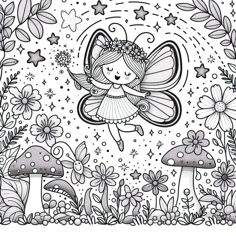 Pratiquant de la magie dans un jardin enchanté, une petite fée à ailes de papillon vole joyeusement autour des fleurs éclatantes et des champignons magiques. Elle apporte avec elle une pluie d'étoiles scintillantes qui fait éclore des fleurs.