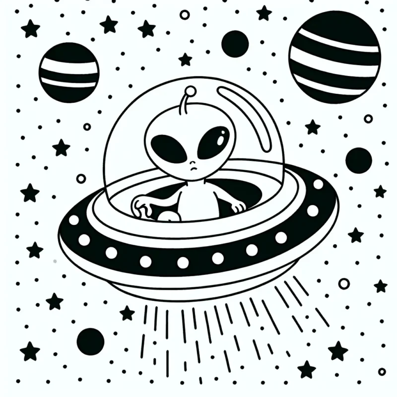 Un petit extraterrestre amusant explorant l'espace intersidéral avec sa soucoupe volante