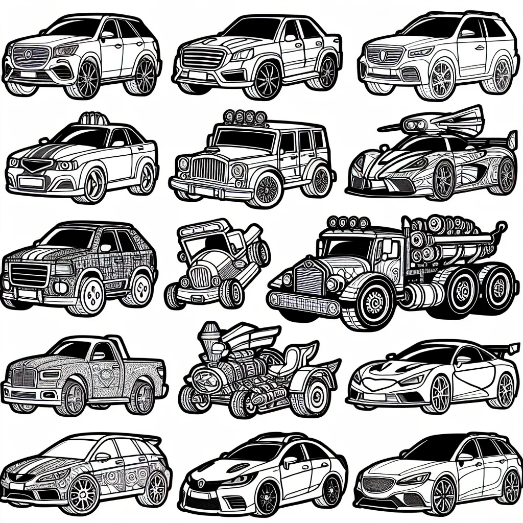 Voici un assortiment unique de voitures détaillées et mémorables pour ton plaisir à colorier ! Chaque voiture appartient à une marque spécifique pour t'offrir une variété fascinante à découvrir tout en coloriant. Amuse-toi en remplissant ces voitures avec des couleurs vives et en apprenant sur chaque marque en passant. Peux-tu reconnaître la marque de chaque voiture à son dessin ?