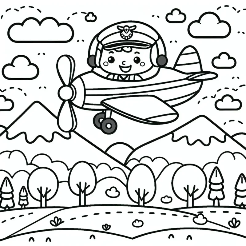 Imagine un avion volant à travers un ciel parsemé de nuages, des montagnes à l'horizon et des arbres en bas. À bord de l'avion, il y a un pilote souriant qui t'envoie un signe de la main.
