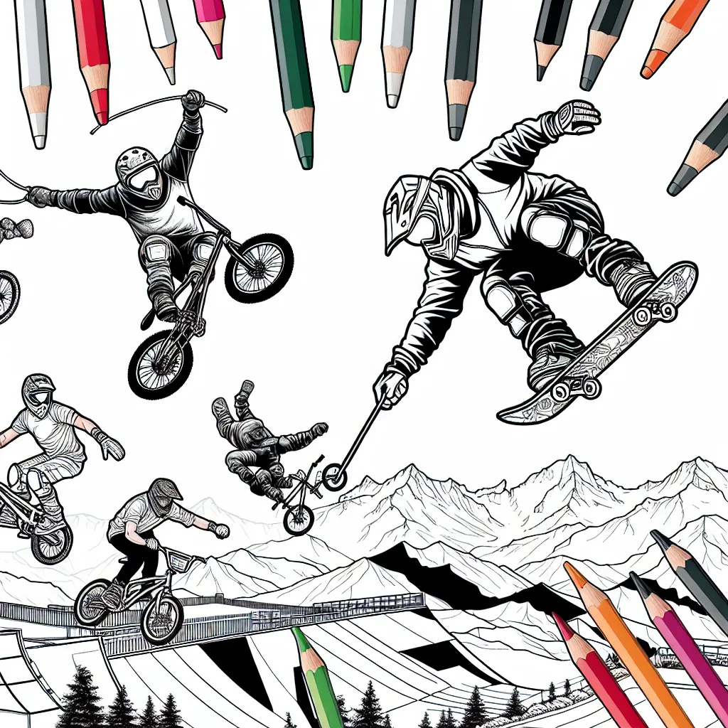 Un tout nouveau défi de coloriage vous attend! Imaginez des sports extrêmes comme vous ne les avez jamais vus. Êtes-vous prêt à ajouter vos couleurs préférées à ces incroyables sportifs réalisant des acrobaties époustouflantes?