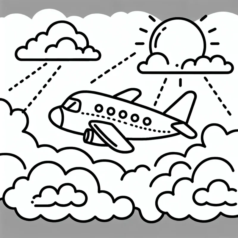 Dessiner un avion volant dans le ciel avec le soleil à travers les nuages.