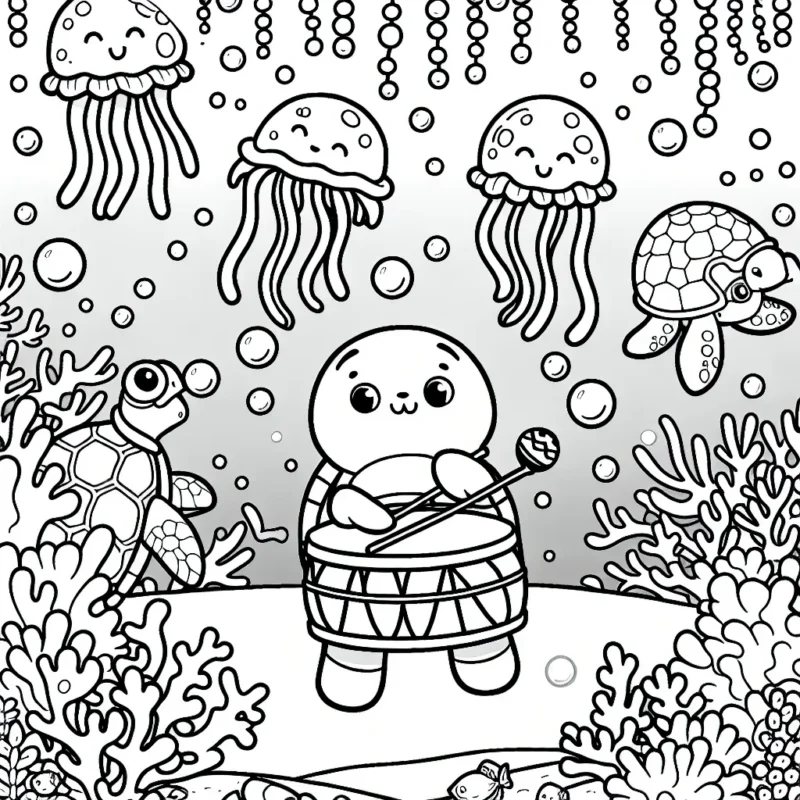Une fête sous-marine animée avec des méduses lumineuses, des tortues jouant des tambourins et des poissons arc-en-ciel jouant à cache-cache parmi les coraux.