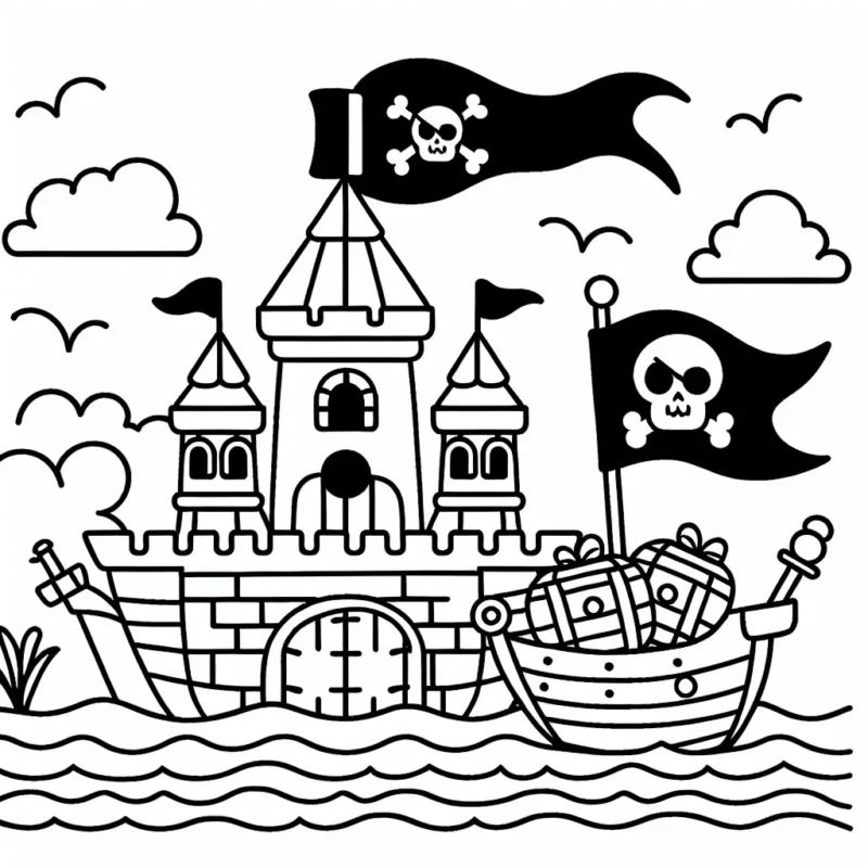 Dans cet espace vierge, laisse libre cours à ton imagination pour dessiner ton propre château de pirates en haute mer. N'oublie pas le drapeau noir à tête de mort, le trésor caché et son équipage déterminé!