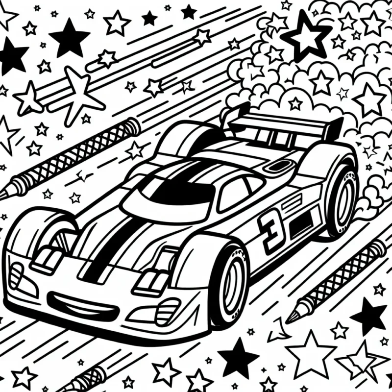 Dessine une voiture de course colorée en pleine compétition avec un ciel étoilé en arrière-plan