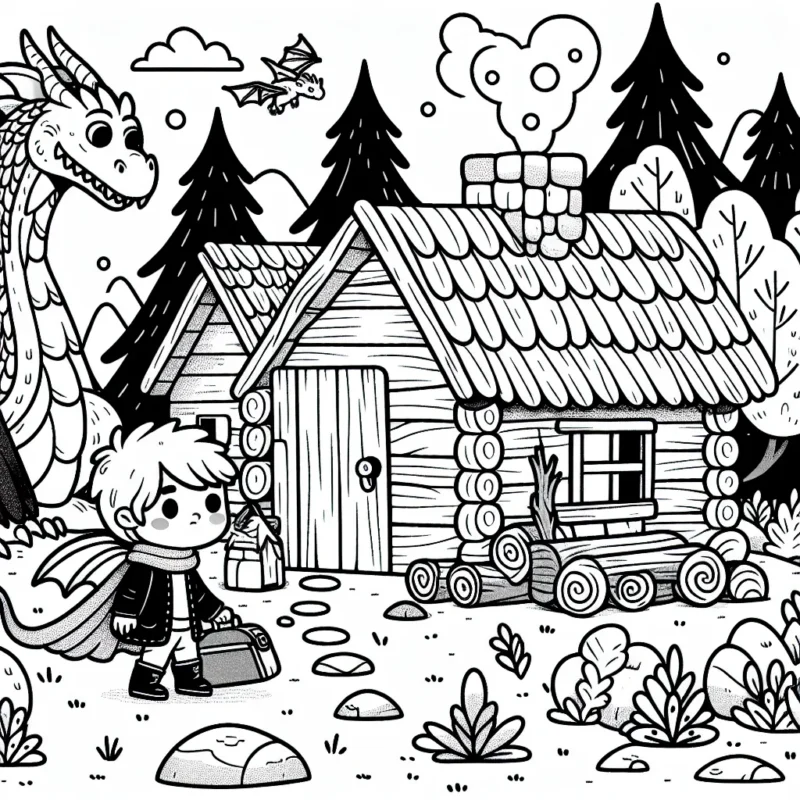 Un petit garçon courageux et son dragon protecteur s'affairant autour d'une cabane dans une mystérieuse forêt