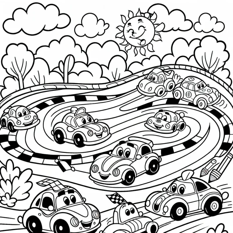 Une scène de courses de voitures animées, avec des voitures colorées et drôles sur des pistes sinueuses, entourées par une foule joyeuse et des arbres luxuriants. N'oublie pas de colorer le ciel, le soleil et les nuages au-dessus.