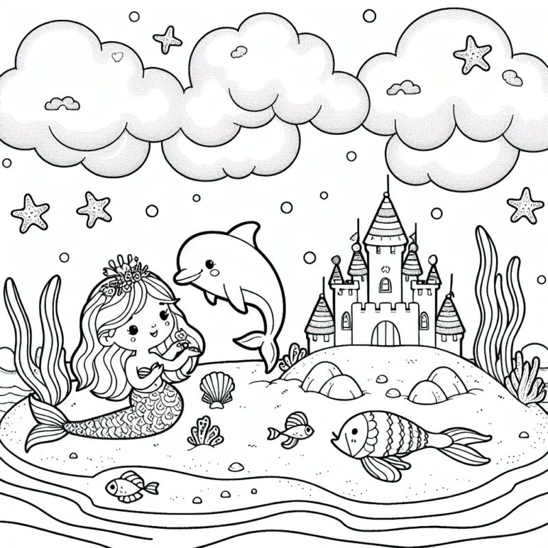 Sur une petite île de paradis, votre enfant va colorier une sirène jouant avec un petit dauphin à côté d'un chateau de sable détaillé avec de petits poissons qui nagent autour. Le ciel est parsemé de nuages moelleux et d'étoiles de mer suspendues, et un beau coquillage sert de bateau pour un crabe amical.