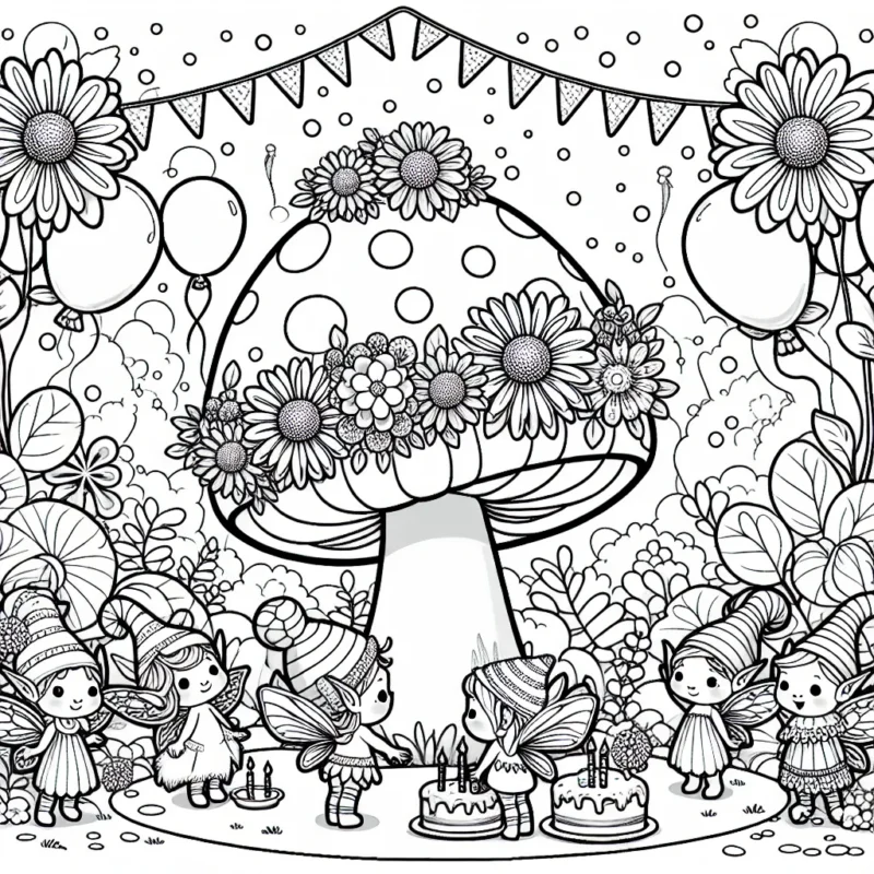Dans un jardin féérique rempli de fleurs de toutes les couleurs, les lutins et les fées sont autour d'un champignon géant décoré de guirlandes lumineuses et de ballons pour préparer un anniversaire.