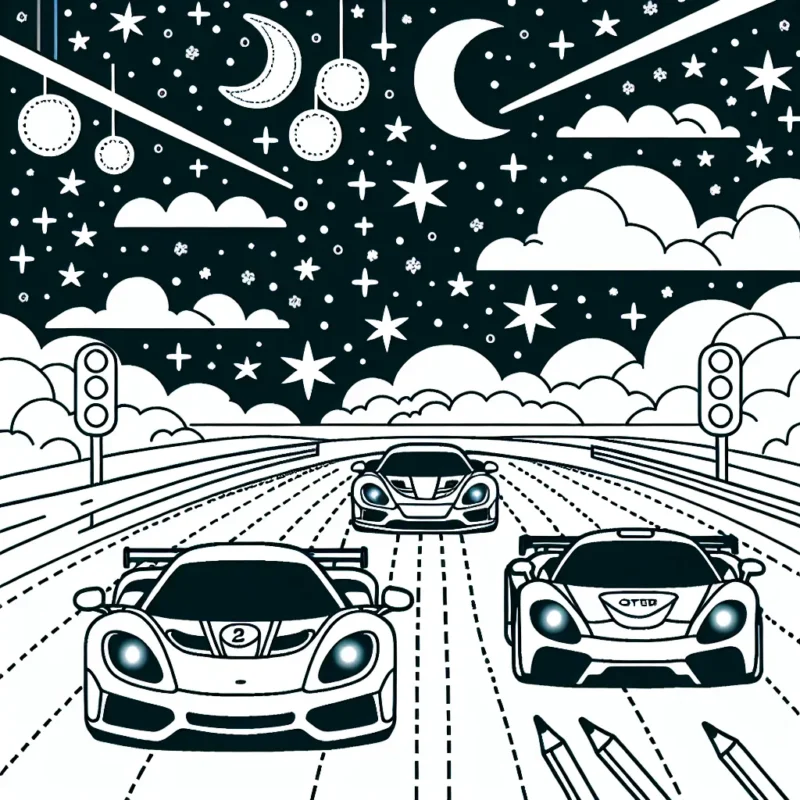 Un dessin représentant une course de voitures de sport colorées sous un ciel étoilé avec turns nocturnes et feux de signalisation allumés.