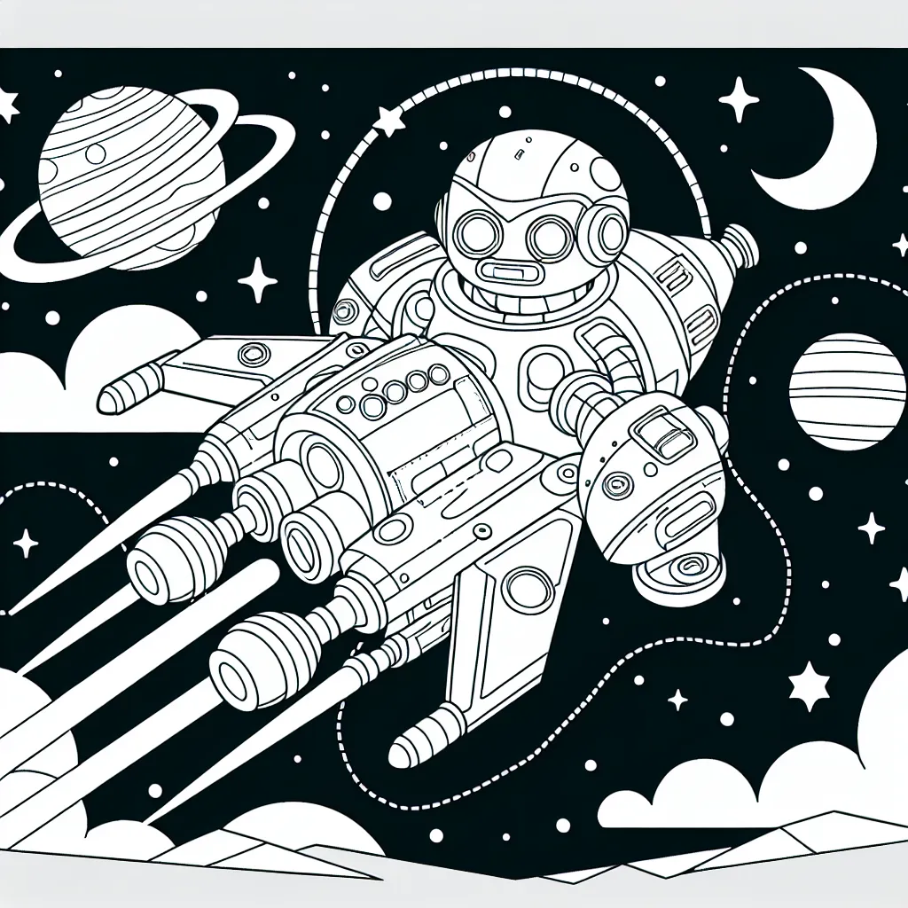 Imagine un superbe robot qui vole dans l'espace avec une planète lointaine en arrière-plan.