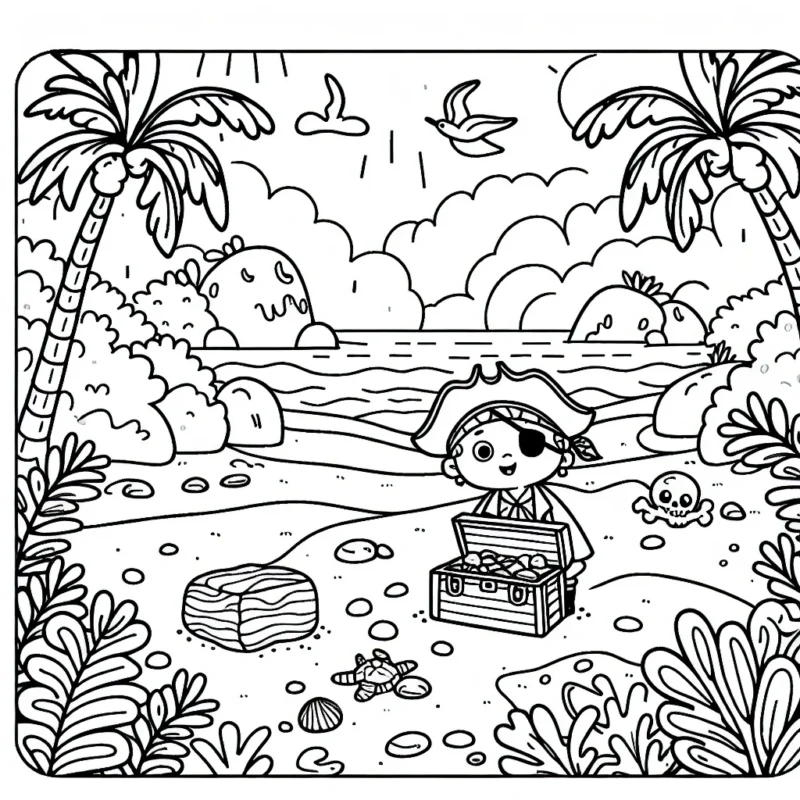 Un enfant pirate cherchant un trésor sur une île mystérieuse.