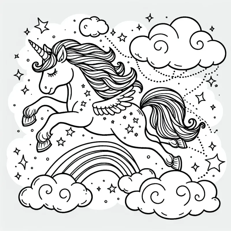 Crée un coloriage d'une licorne magique en plein vol parmi les nuages