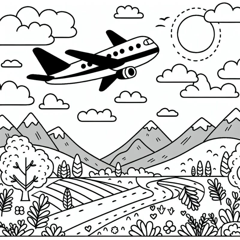 Dessine un avion volant au-dessus de différents paysages, et colorie-le selon tes préférences!