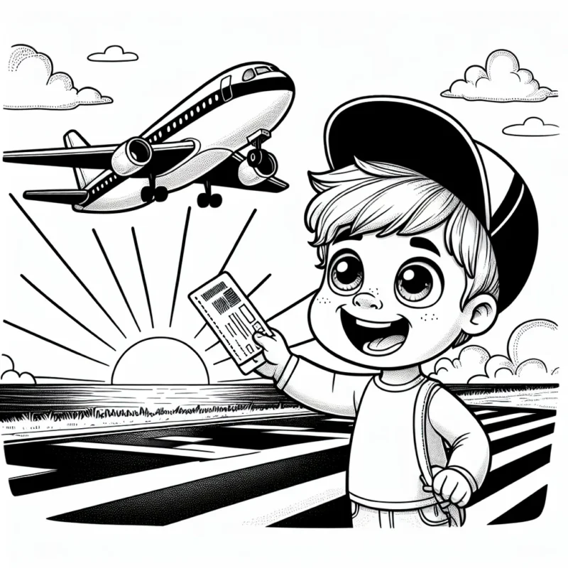 Un garçon trépignant d'impatience avec un billet d'avion à la main, regardant avec admiration un grand avion de ligne décoller sur une piste éclairée par un coucher de soleil