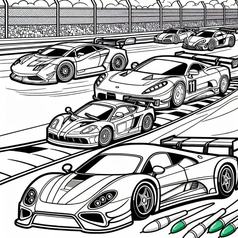 Dessinez une scène animée d'une course de voitures avec différentes voitures de sport se disputant le premier rang.