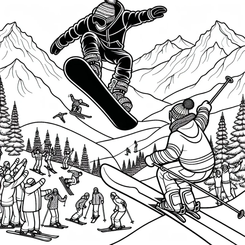 Un snowboardeur réalise une acrobatie impressionnante au-dessus d'une montagne enneigée tandis qu'un skieur le suit en faisant des figures incroyables. Une foule est là pour les acclamer.