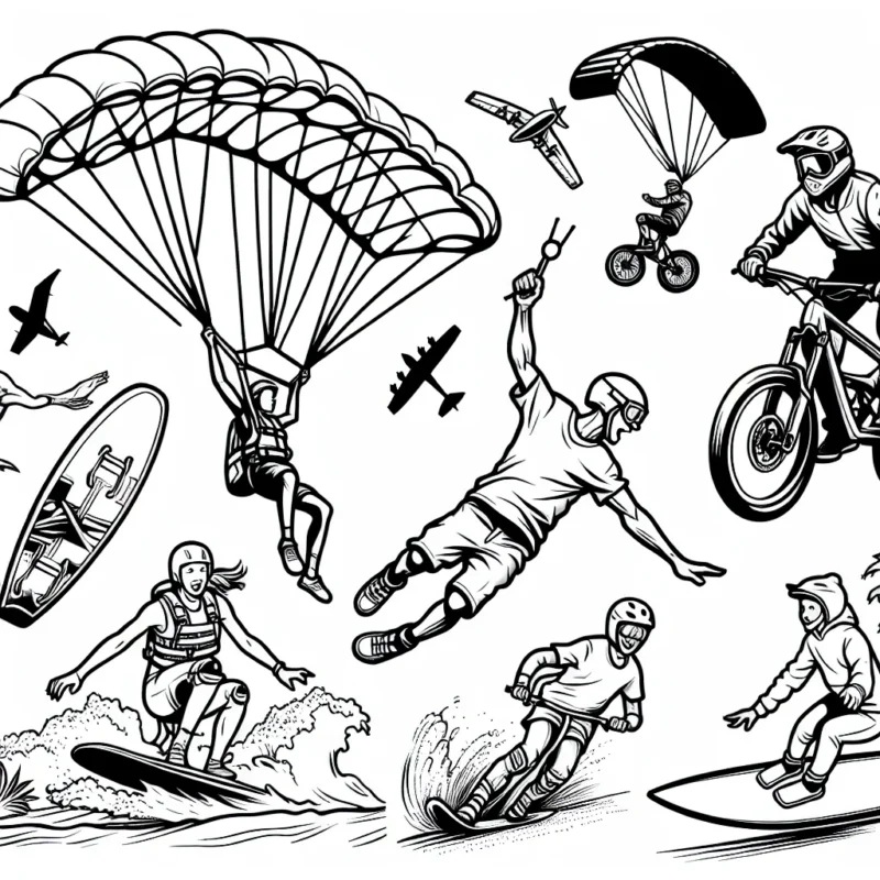 Imagine des scènes incroyables d'athlètes pratiquant divers sports extrêmes. Il peut s'agir de sauts en parachute, de surf extrême, de descente en VTT ou de skateboard. N'oublie pas d'inclure une touche d'action et d'excitation.