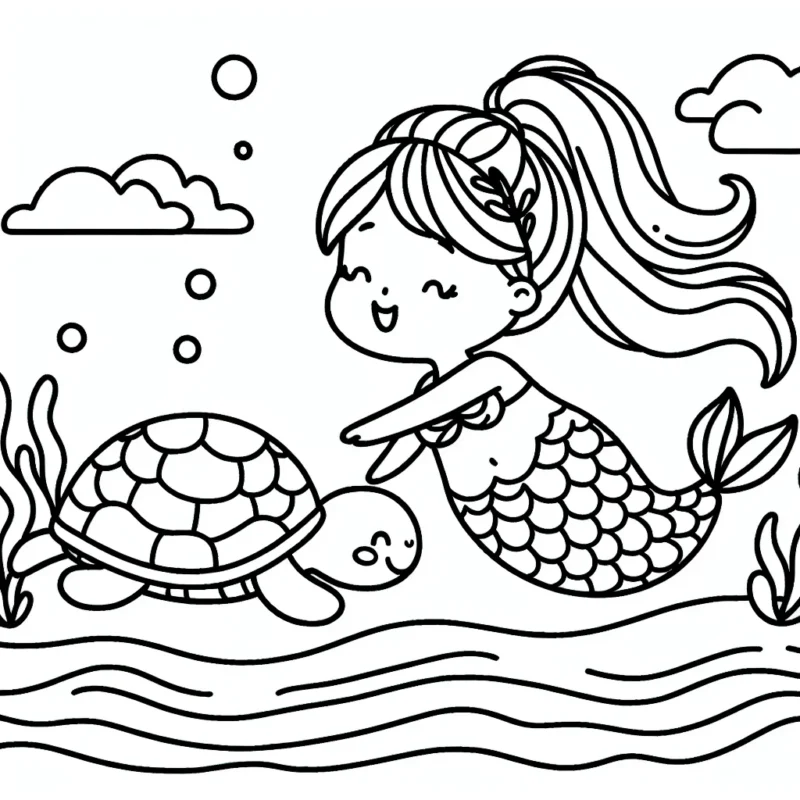 Dessinez une sirène qui joue avec une tortue dans l'océan
