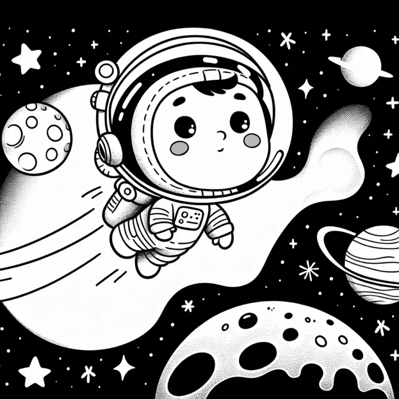 Un jeune astronaute flotte avec curiosité autour de la lune, observant les étoiles brillantes et les planètes lointaines.