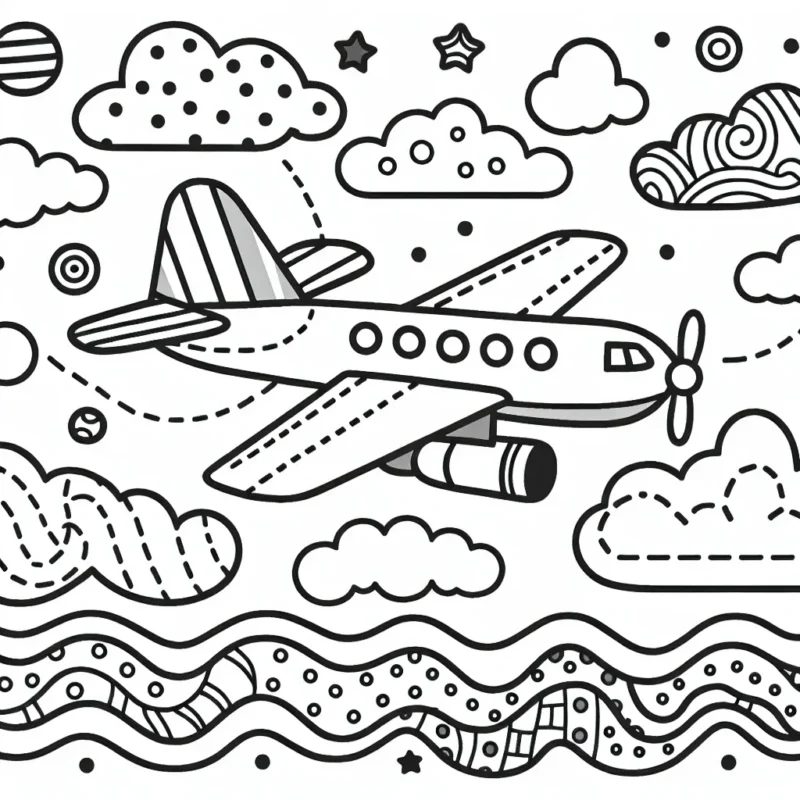 Crée un dessin d'un avion volant à travers les nuages, décoré de plusieurs motifs amusants à colorier.
