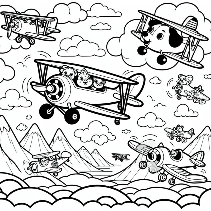 Imaginez un dessin animé où des avions volent dans le ciel bleu azur, survolant des paysages majestueux. Certains avions transportent des animaux drôles et joyeux pendant que d'autres avions sont pilotés par des enfants. Il y a également des avions de différentes formes, tailles et designs. Utilisez votre palette de couleurs pour apporter de la vie à ces avions enthousiastes et au ciel dans lequel ils volent.