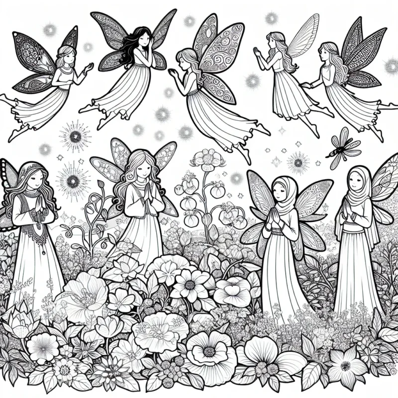Un groupe de jolies fées enchantées survolant un jardin fleuri pleins de lucioles brillantes