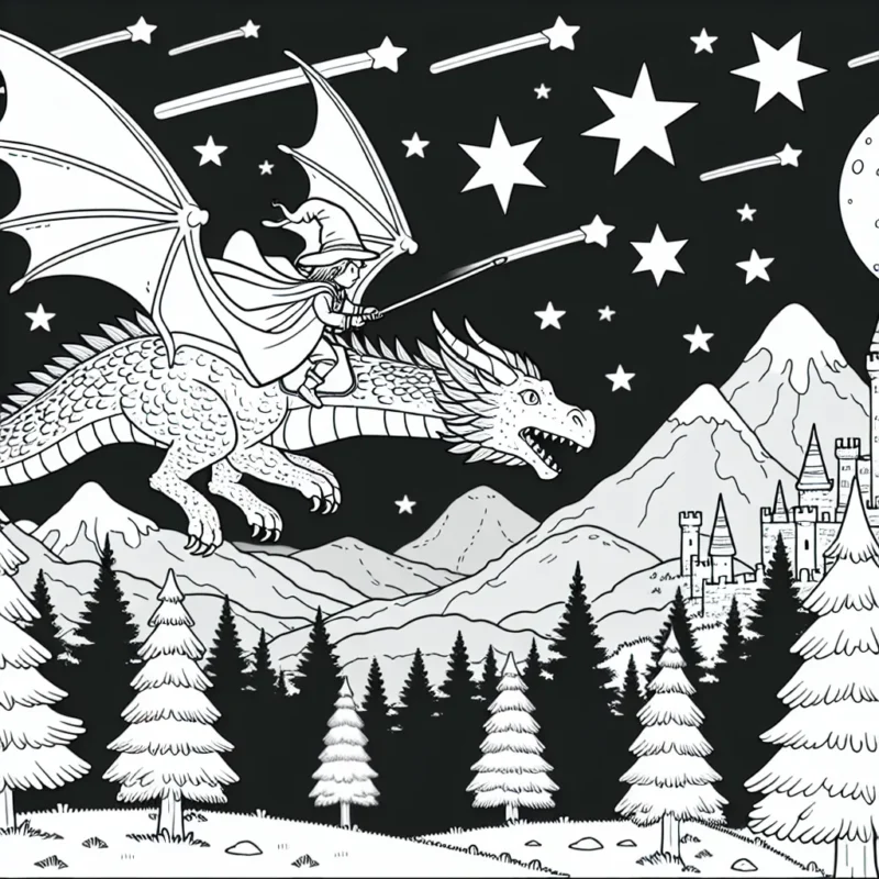 Un jeune sorcier monte sur un dragon majestueux. Beaucoup d'arbres et de montagnes sont en arrière-plan. Il y a aussi un château au loin. Des étoiles filantes traversent le ciel.