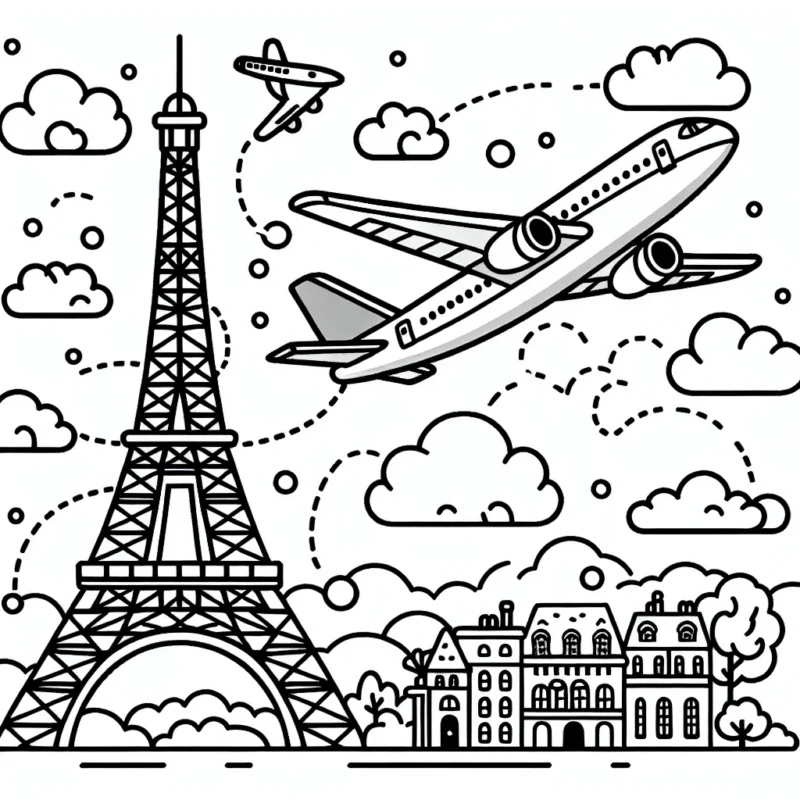Dessinez un avion de ligne survolant la Tour Eiffel avec des nuages parsemés dans le ciel.