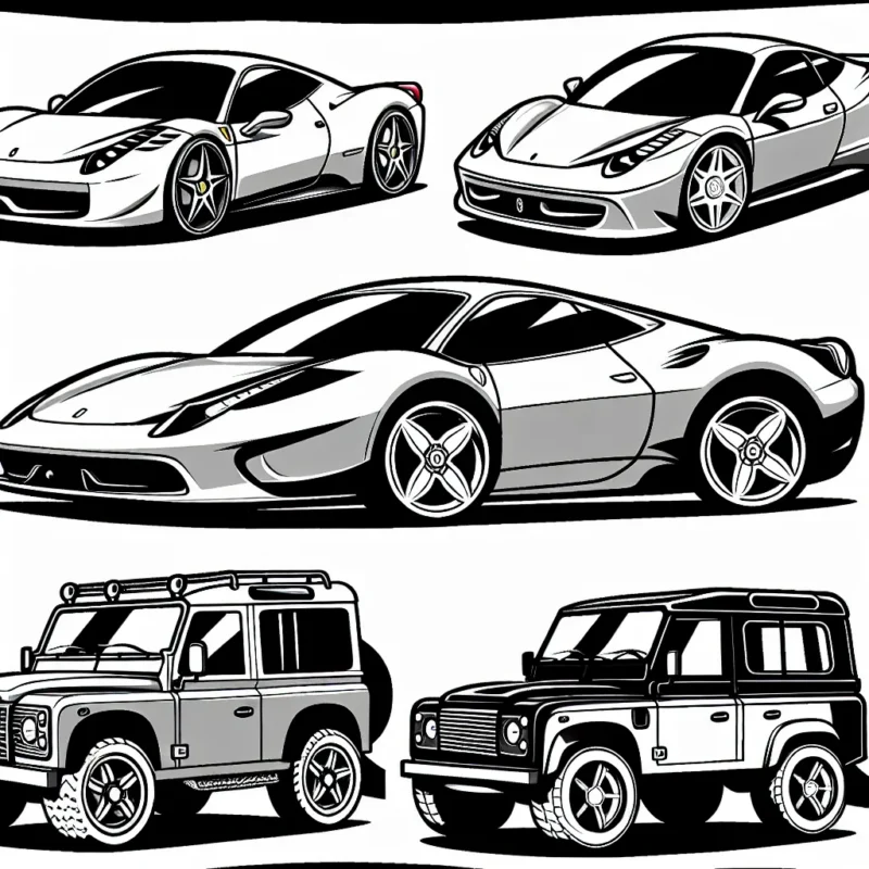 Dessine une série de voitures allant de la elegante sportive Ferrari à la robuste voiture tout-terrain SUV de Land Rover. Ajoute une touche de couleur unique à chaque modèle de voiture pour les faire ressortir !
