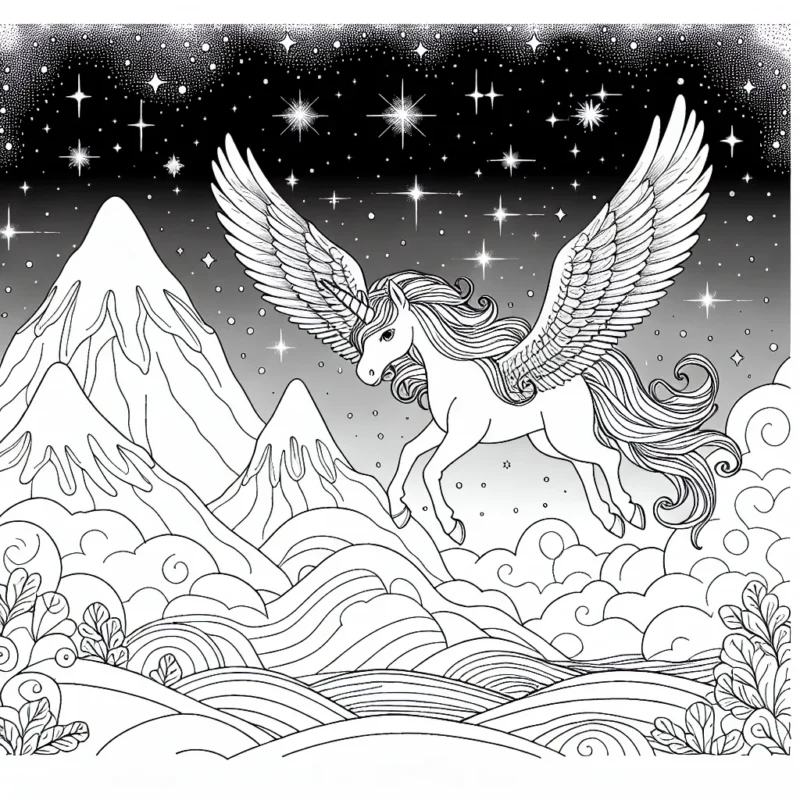 Imagine et dessine une licorne volante survolant un magnifique paysage étoilé.