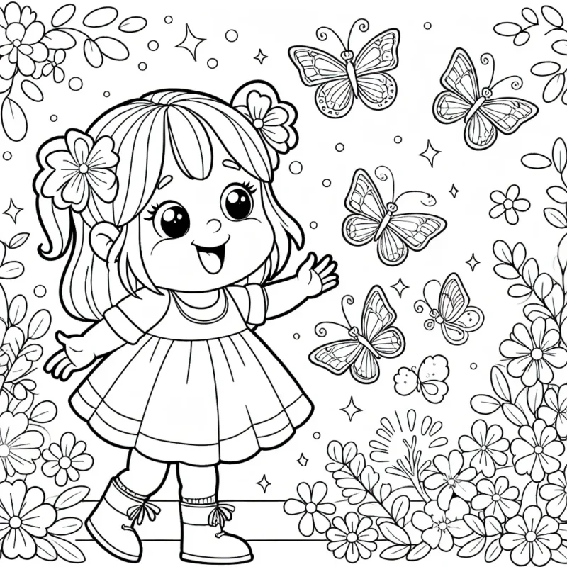 Une petite fille jouant avec des papillons magiques dans un jardin fleuri