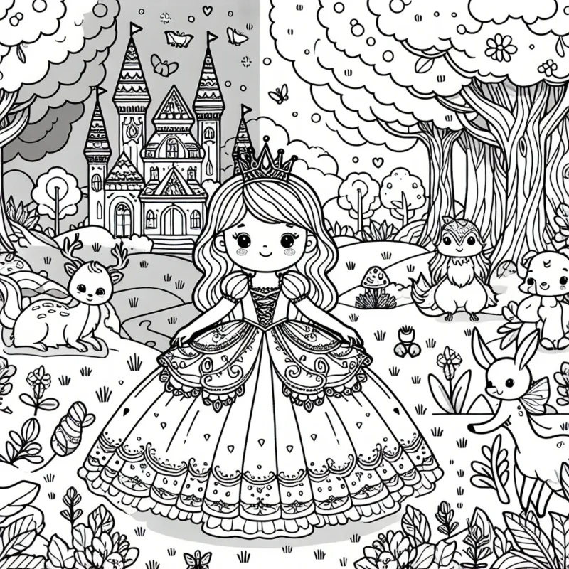 Une petite princesse se promène à travers un jardin enchanté peuplé de créatures majestueuses et d'arbres colorés. Elle possède une jolie robe avec de nombreuses décorations à embellir.